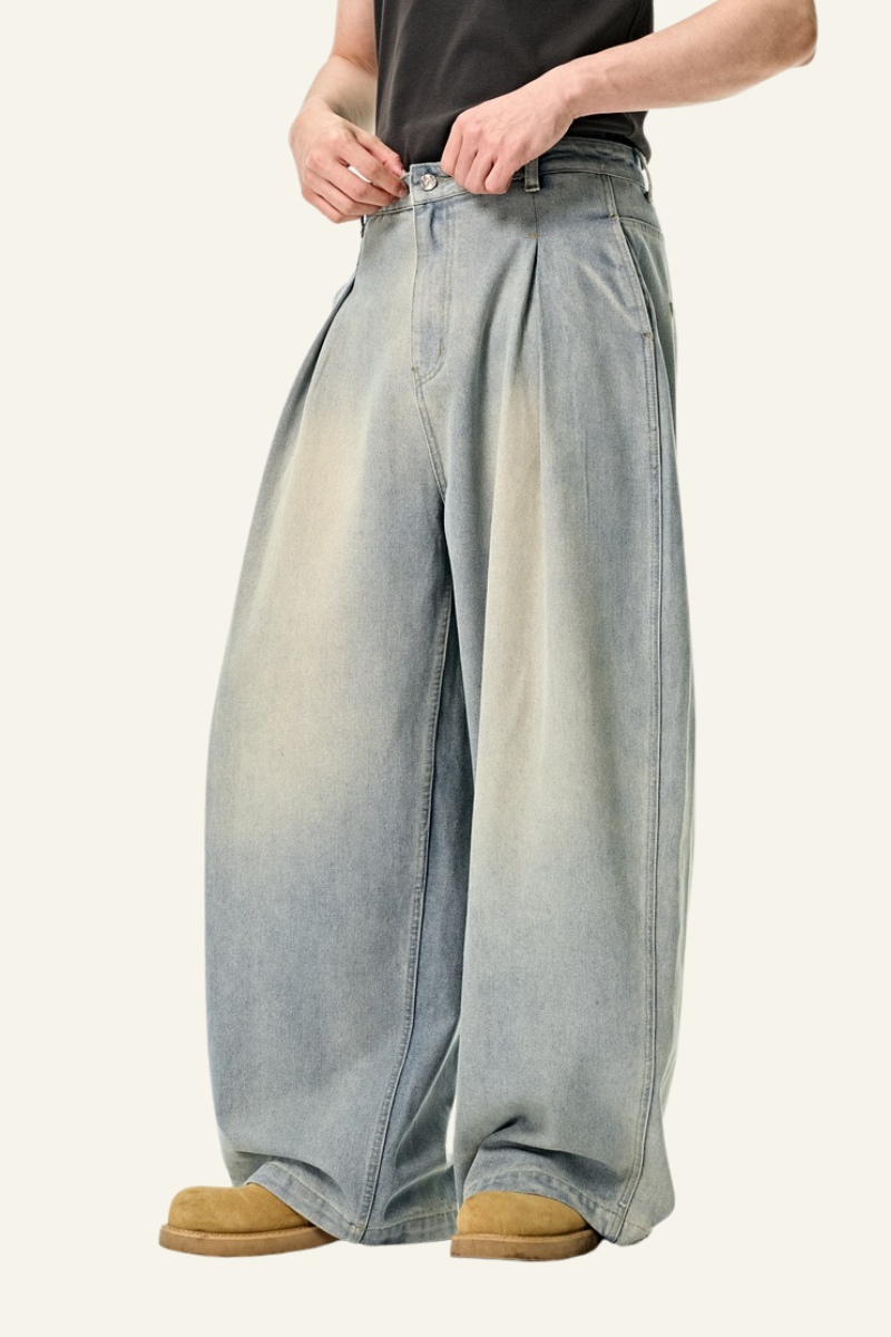 Men's Streetwear Washed Vintage Pleated  Wide Leg Jeans