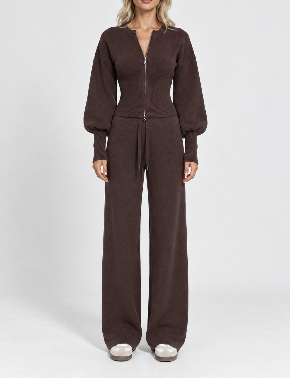 Ladies Zip-Up Solid Color Knit Top & Pants 2PCS Set