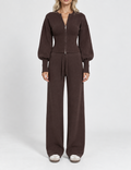 Ladies Zip-Up Solid Color Knit Top & Pants 2PCS Set