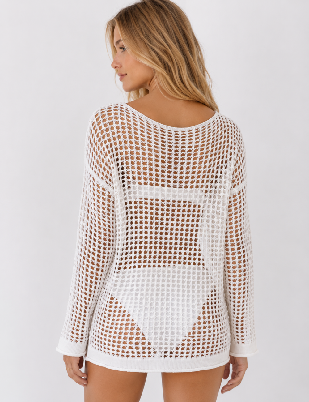 Ladies Long Sleeve Hollow Mesh Knit Beach Cover Up
