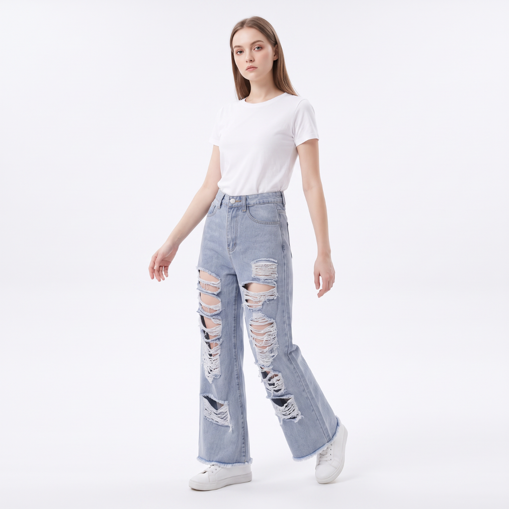 Women's High Waist Distressed Wide Leg Jeans