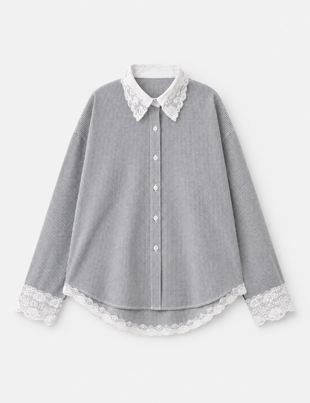 Ladies Striped Lace Trim Shirt Button-Down Blouse