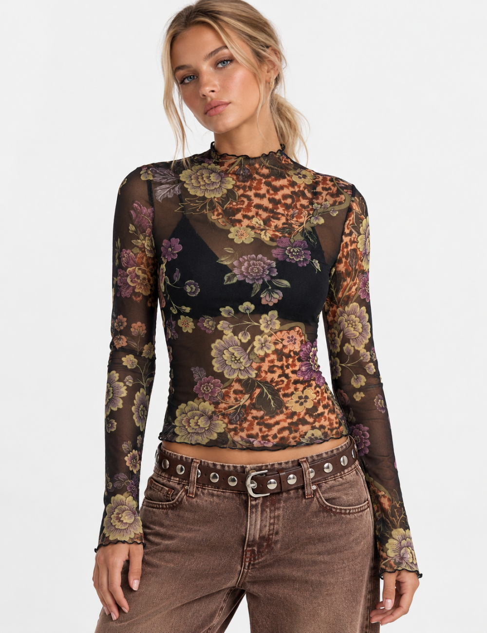 Ladies Retro Leopard Floral Mesh Mock Neck Ruched Top