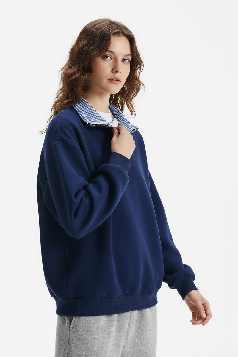 Unisex Spring Plaid Patchwork Half Zip Loose Hoodie