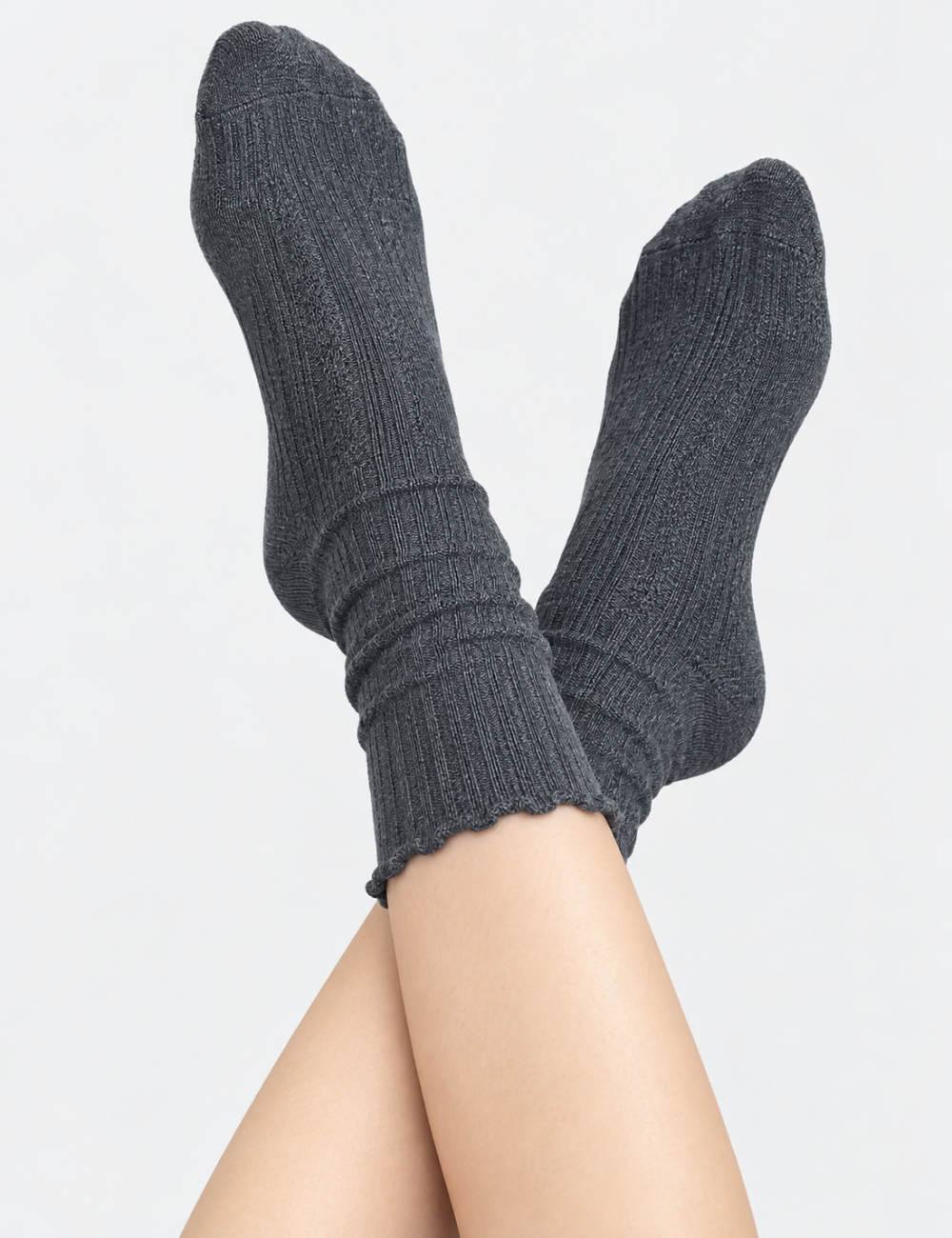 Ladies Solid Color Floral Ruffle Cuff Mid Calf Socks
