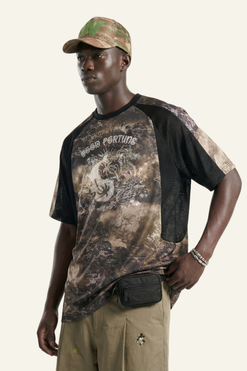 Men's Breathable Side Mesh Panelled Trendy Print T-Shirt