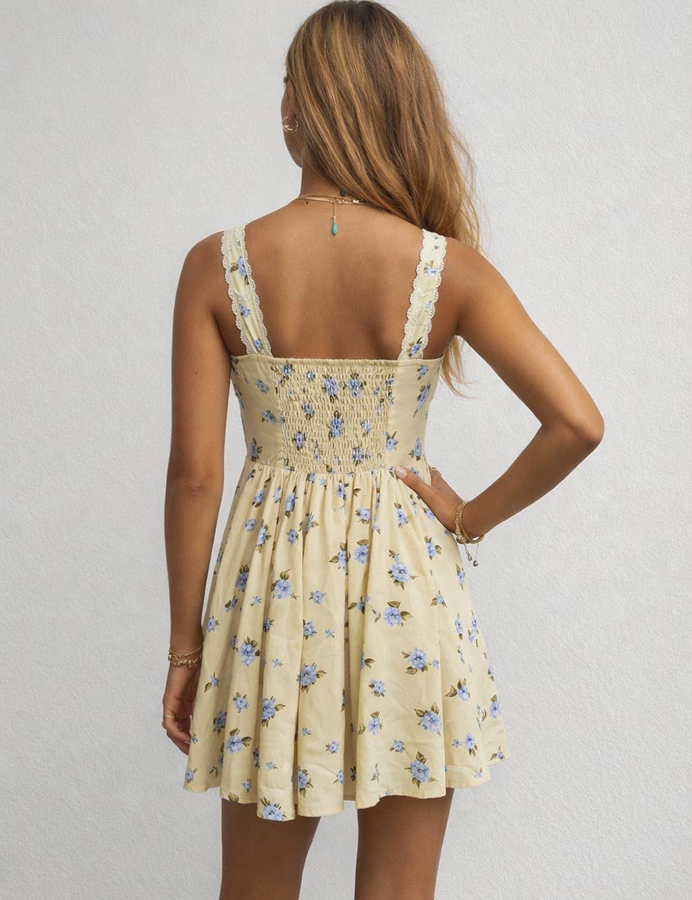 Ladies Boho Floral Square Neck Lace Trim Ruched Mini Dress
