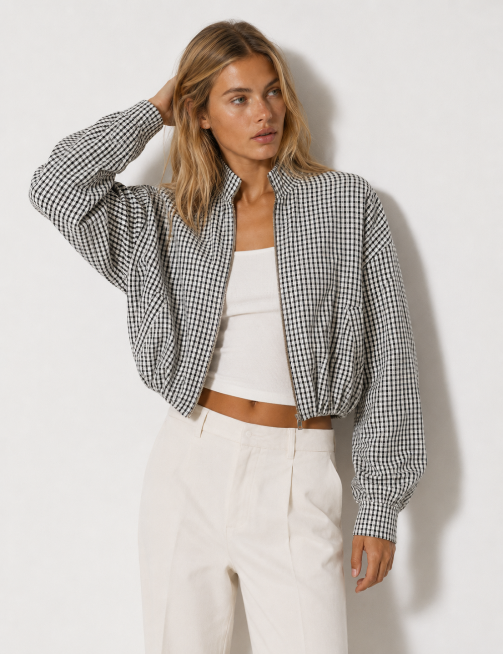 Ladies Casual Plaid Stand Collar Crop Jacket