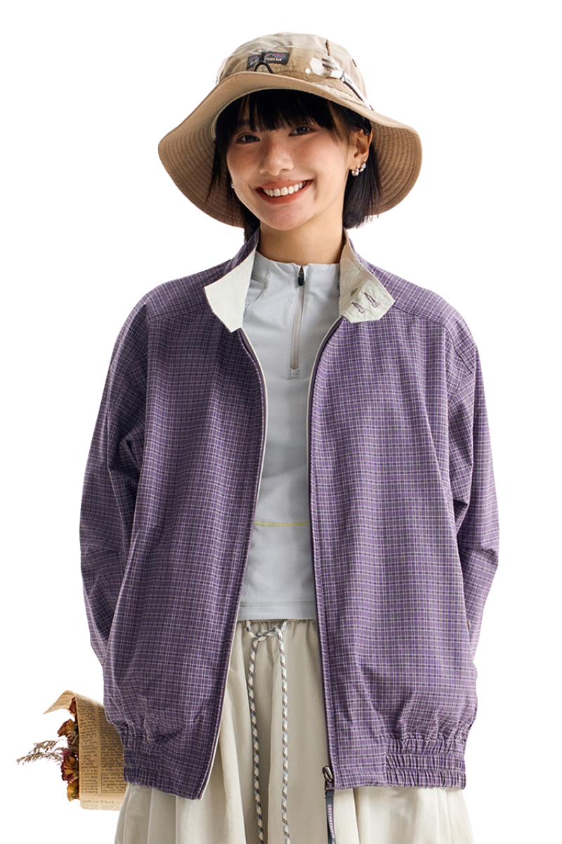 Unisex Retro Plaid StandCollar Loose Reversible Jacket