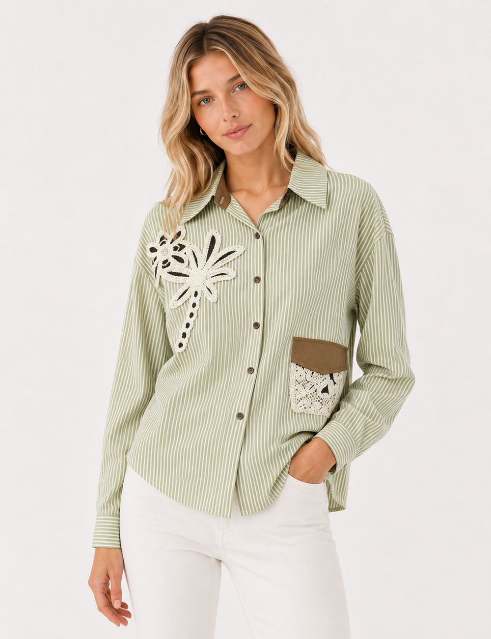 Ladies Striped Embroidery Floral Pocket Button-Down Shirt