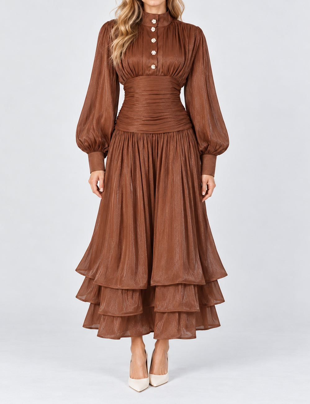Ladies Puff Sleeves Ruched Button Tiered Midi Dress
