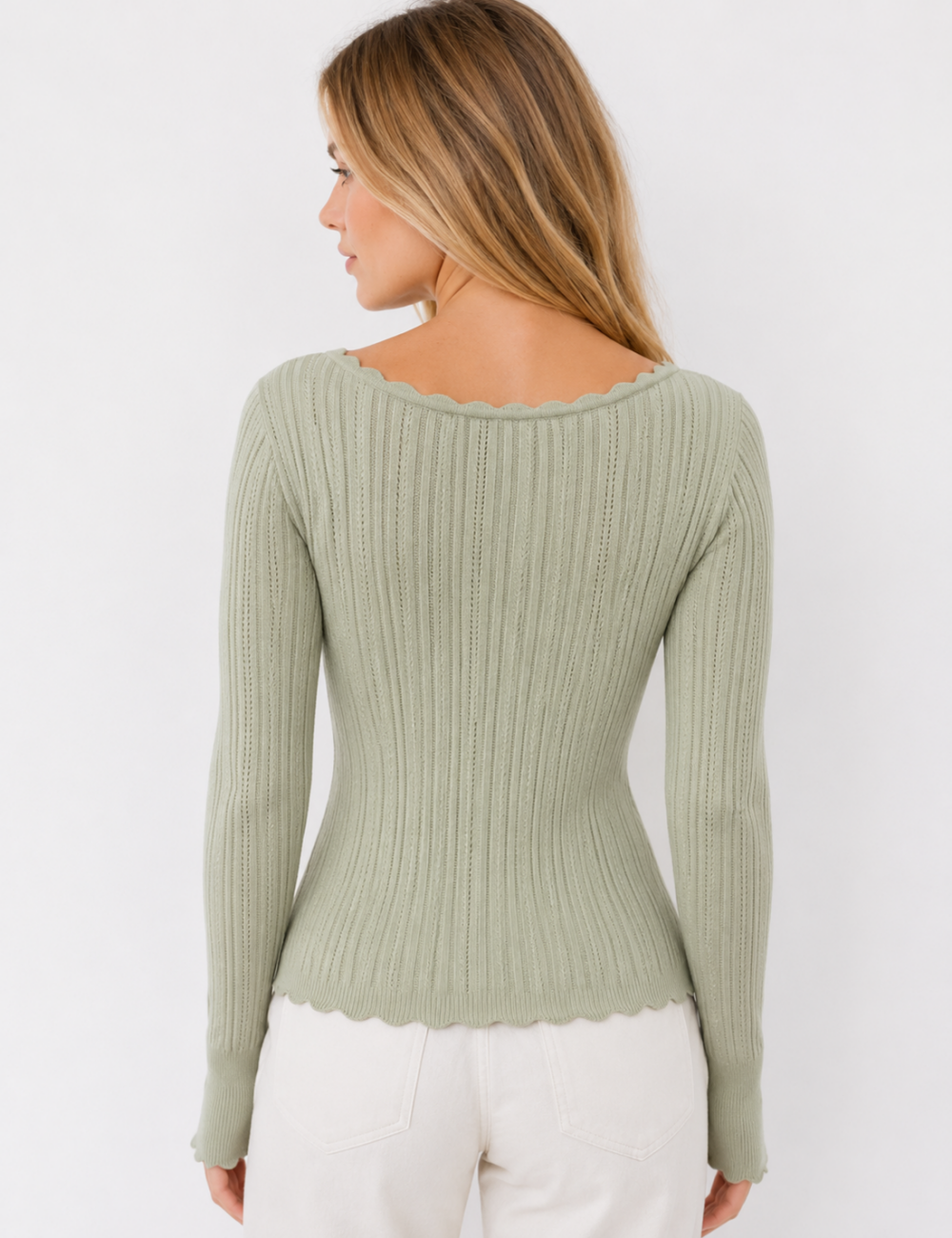Ladies Ribbed Scoop Neck Long Sleeve Top