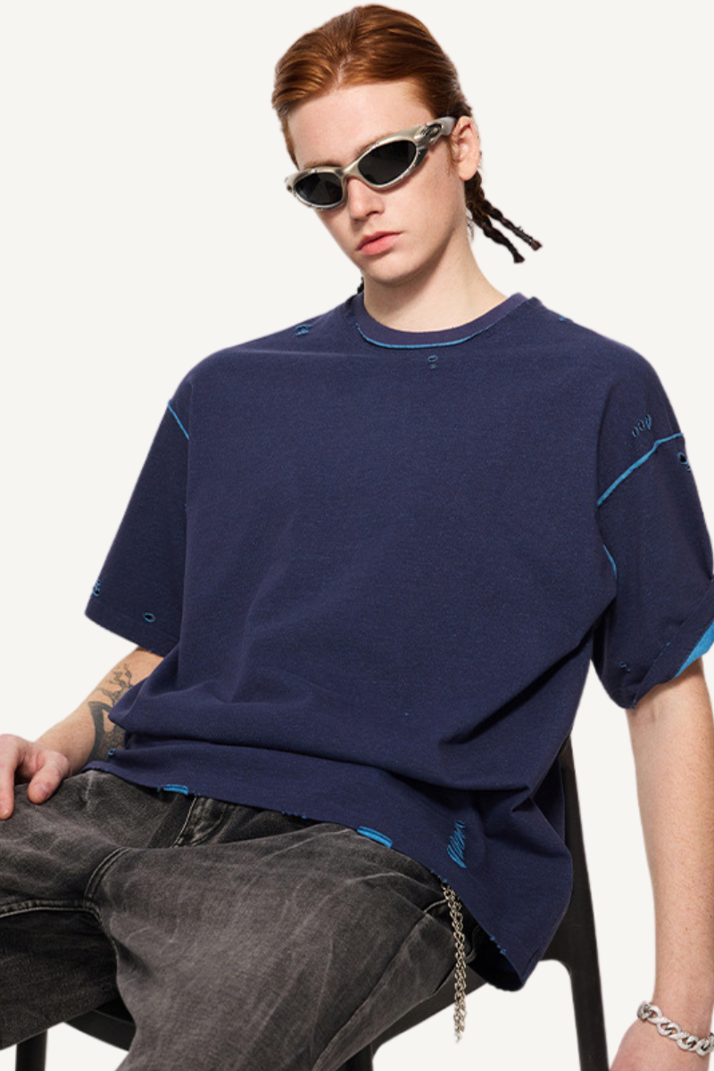 Men's Summer 240g Cotton Reversible Distressed Loose Tee