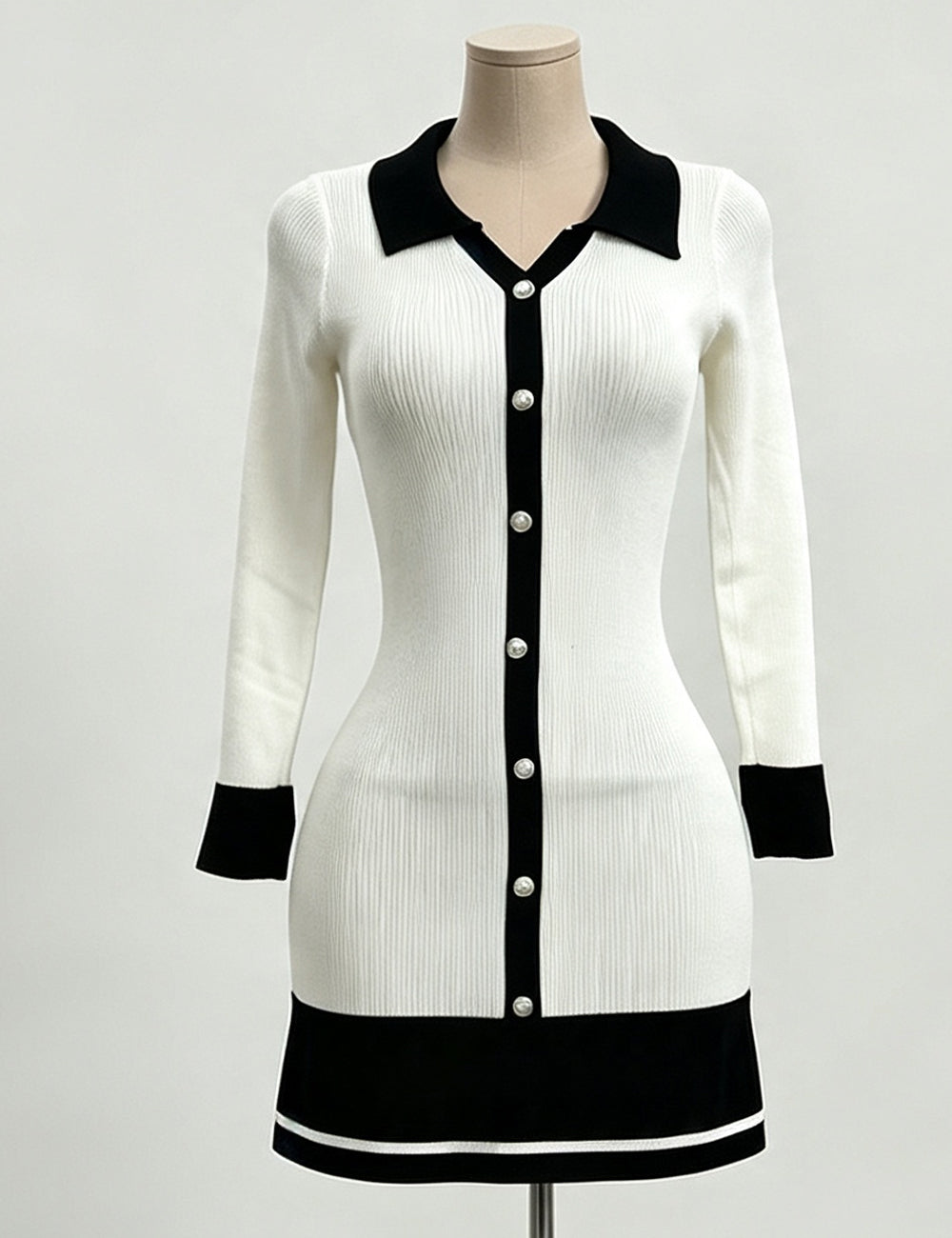 Ladies Elegant V-Neck Button Front Knit Mini Dress