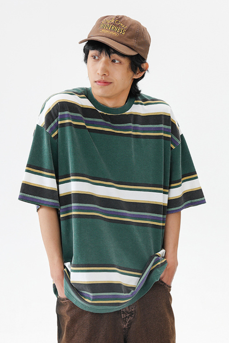 Unisex Summer Cotton Washed Stripe Cityboy Crewneck Tee