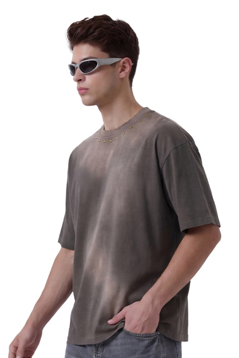 Men's Summer 260g Retro Washed Rivet Distressed Fade Tee