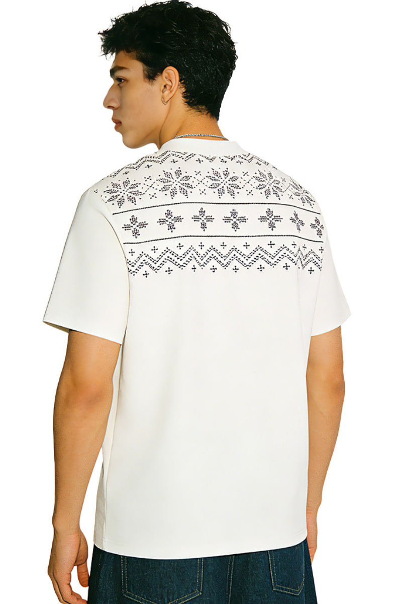 Men's Summer 320g Mock Neck Fair Isle Jacquard Vintage Tee