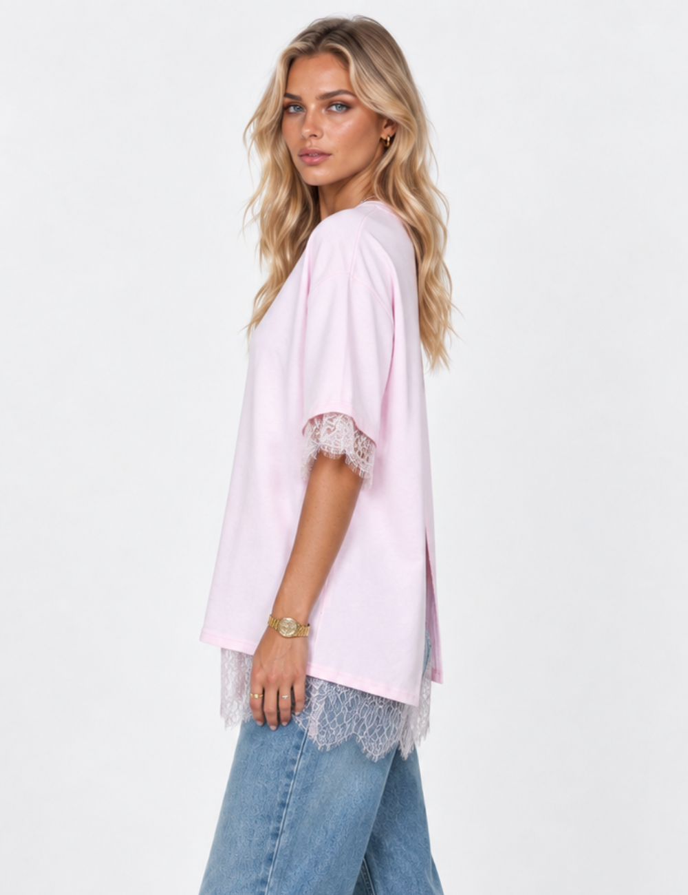 Ladies Lace Trim Split Back Solid Color Pullover T-Shirt