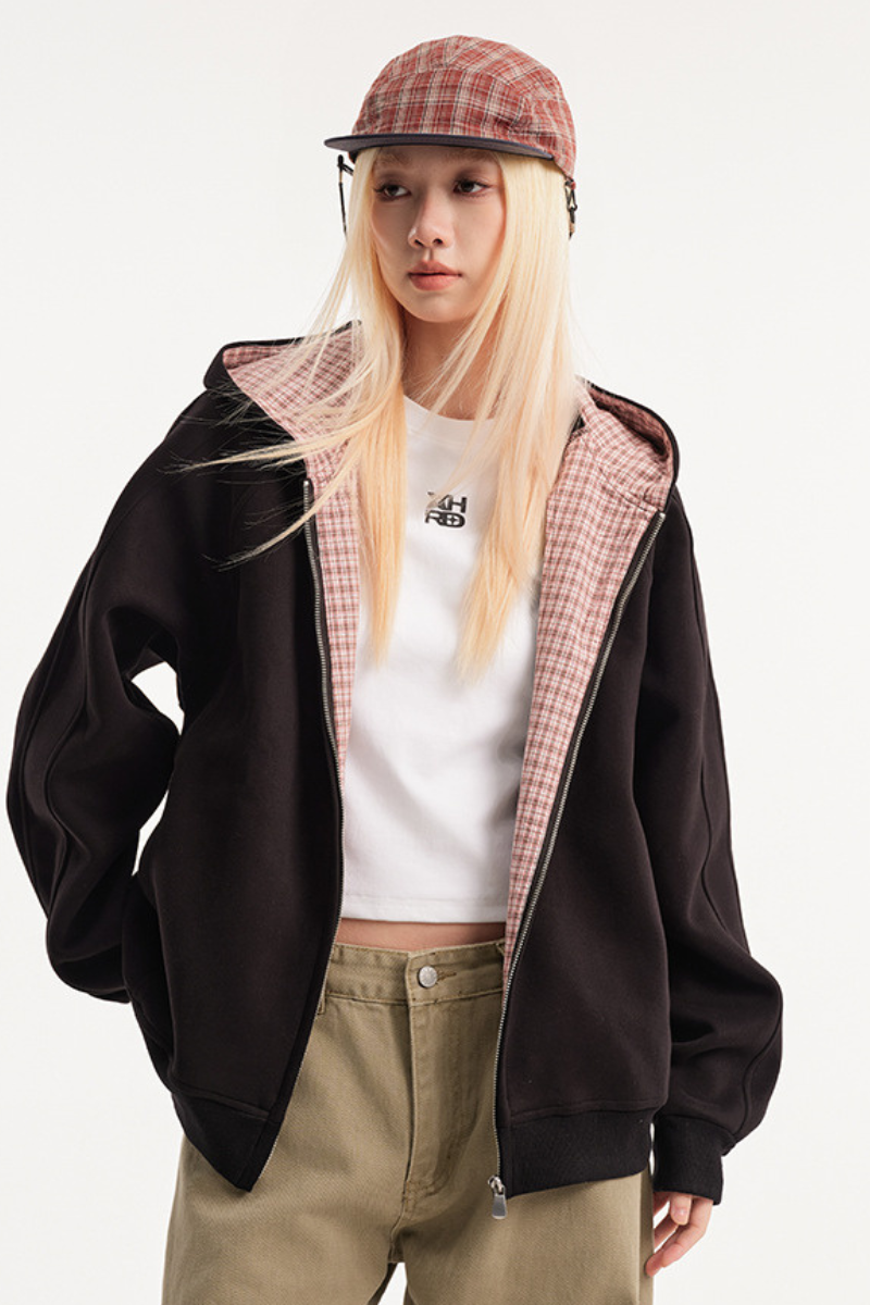 Unisex Fall Clothing Plaid Zip Hoodie American Retro Loose