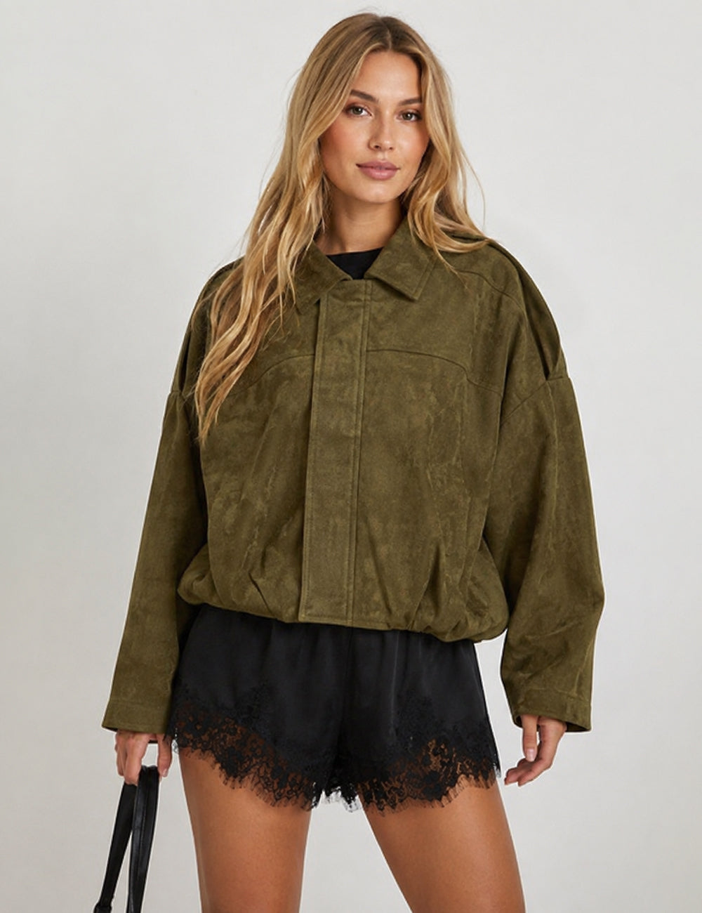 Ladies Faux Suede Bomber Jacket Shirt Collar Zip-Up Coat
