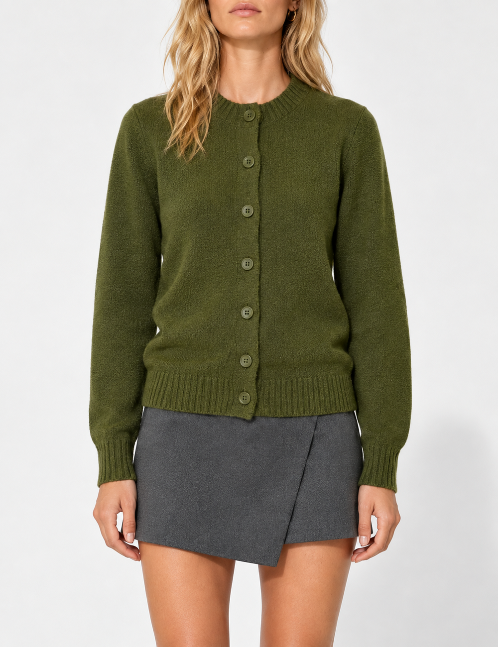 Ladies Solid Color Button Front Crew Neck Knit Cardigan
