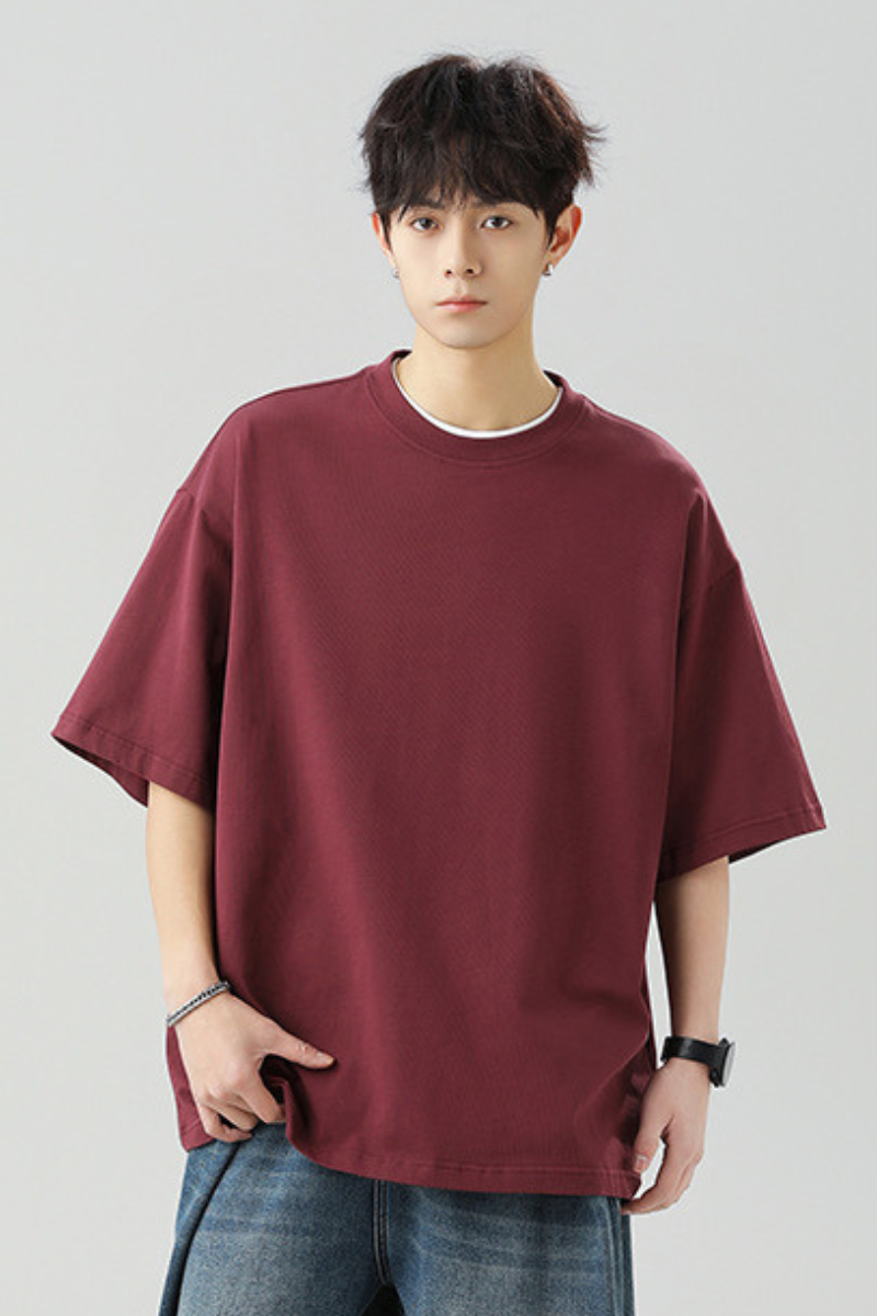 Men's Summer Japanese Loose Cotton Solid Crewneck Basics Tee