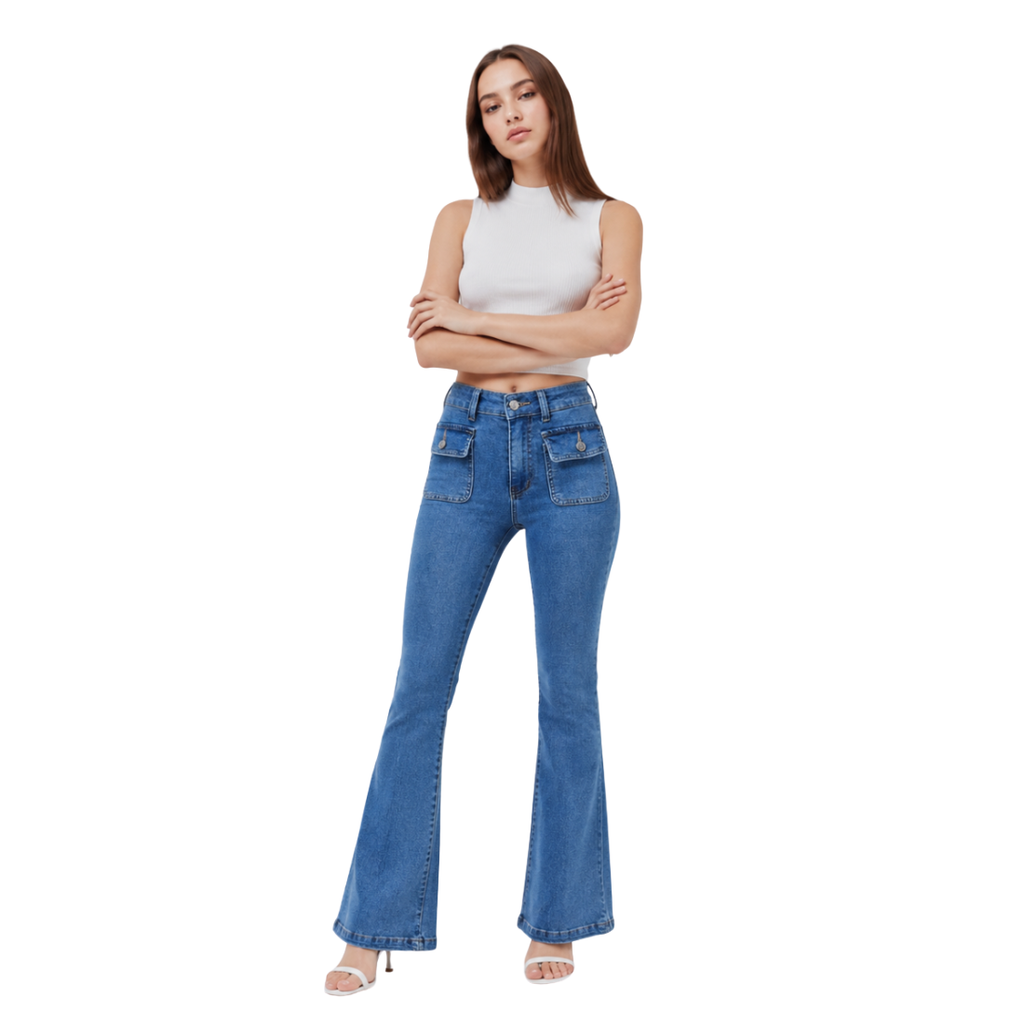 Women's High Waist Flare Jeans with Button Front Pockets