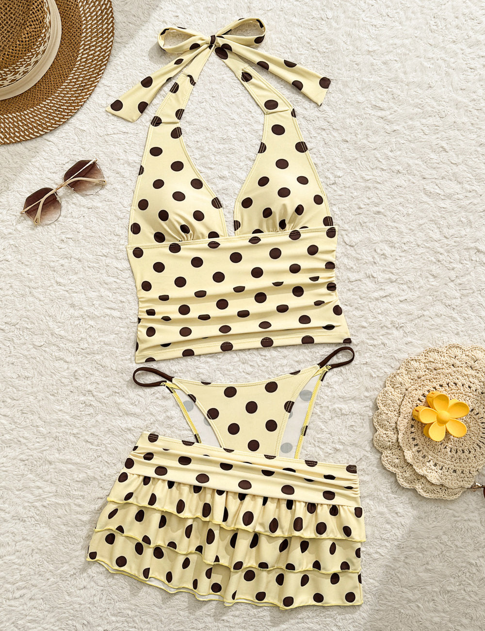 Ladies Polka Dot Tiered Ruffle Skirt 3PCS Swimwear Set
