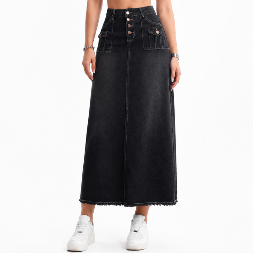 Women's High Waist Button Fly Denim Maxi Skirt