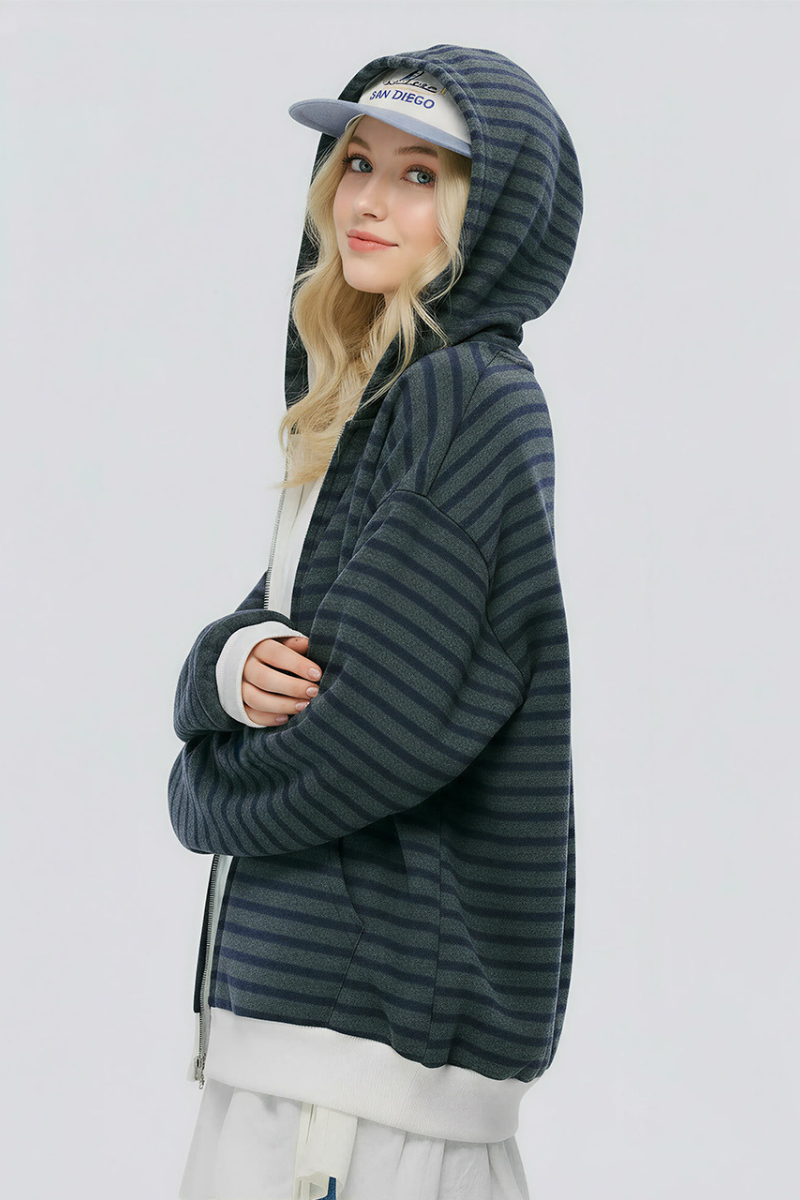 Unisex Spring American Stripe Colorblock Zip Hoodie