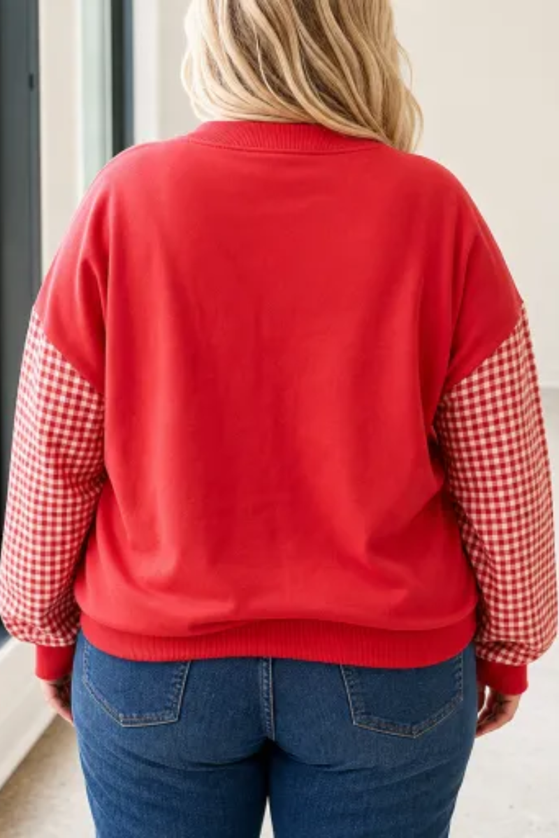 Women Spring Plus Size Gingham Sleeve Mock Neck Sweatshirt
