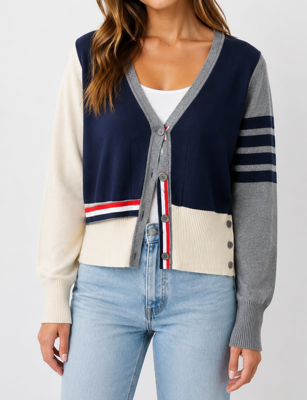 Splice V-Neck Single-Breasted Women Knit Cardigan
