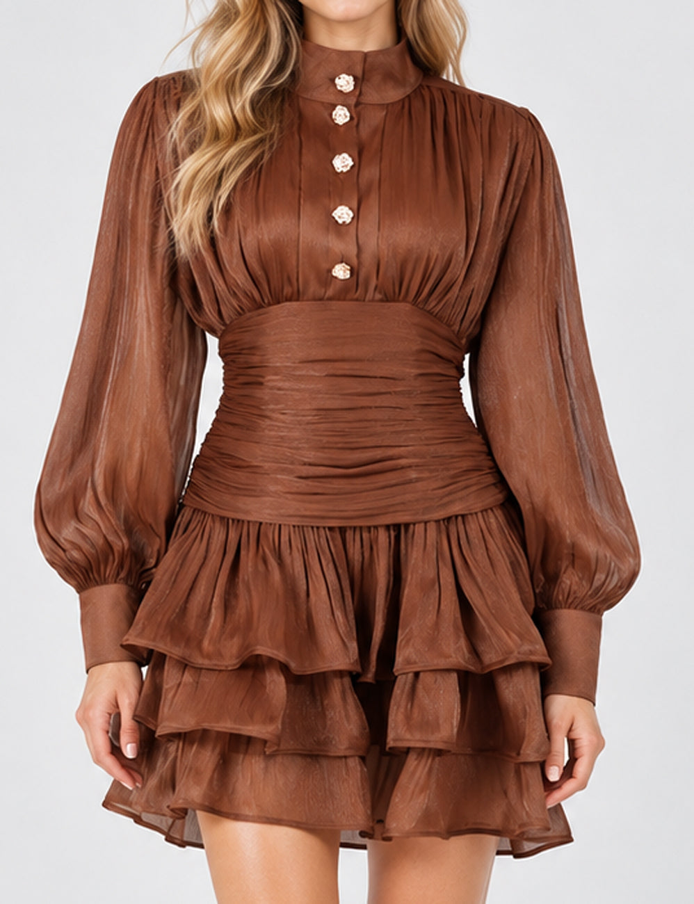 Ladies Puff Sleeve Ruched Waist Tiered Ruffle Mini Dress
