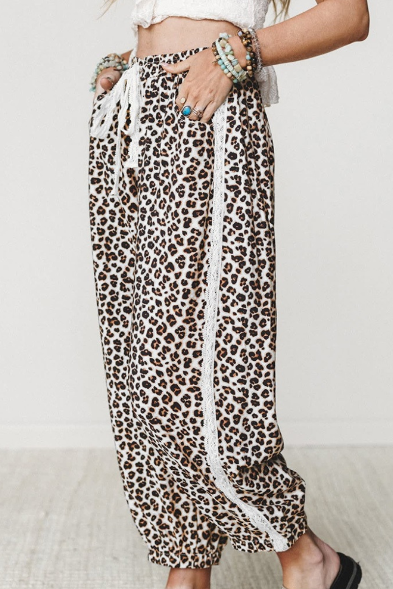 Women Spring Summer Leopard Print Lace Trim Jogger Pants