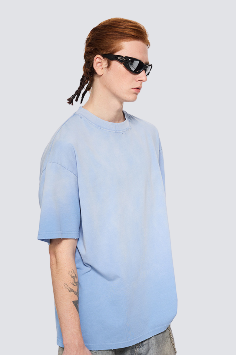 Men's Summer 250g Cotton Spray Fade Collar Distressed Tee