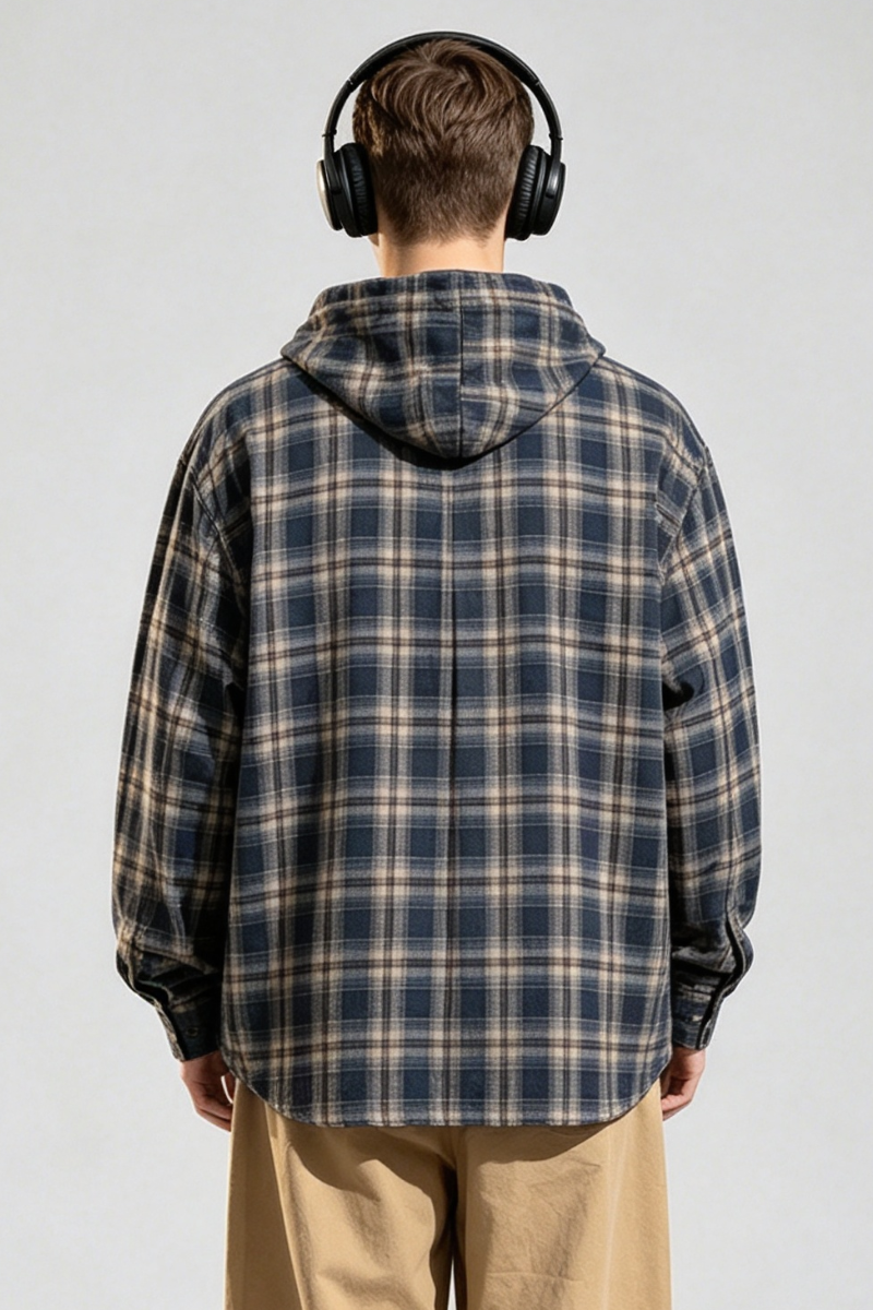 Men's Spring Vintage Hooded Plaid Button-Down Overshirt