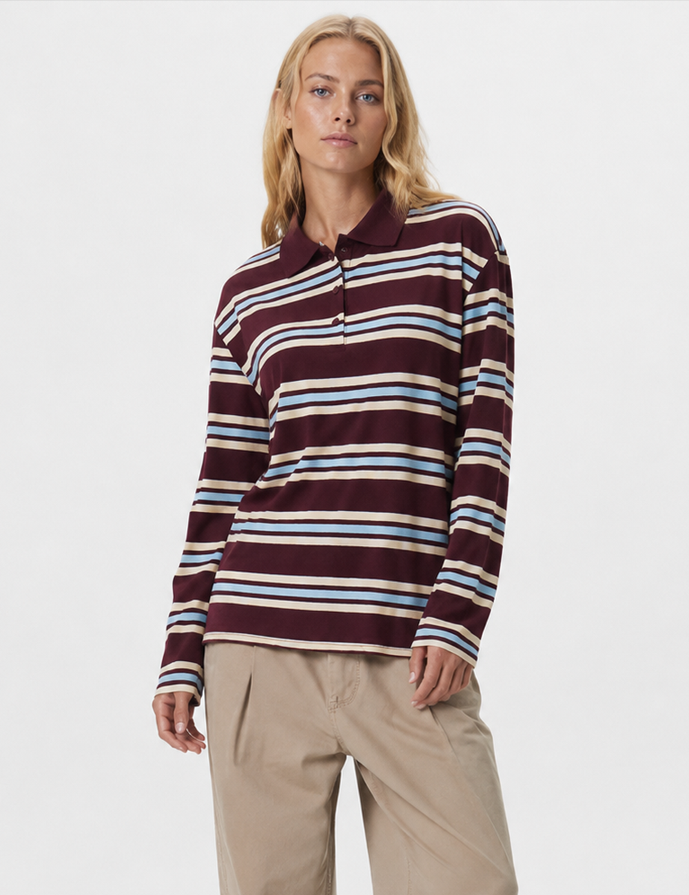 Ladies Casual Striped Polo Collar Long Sleeves Top
