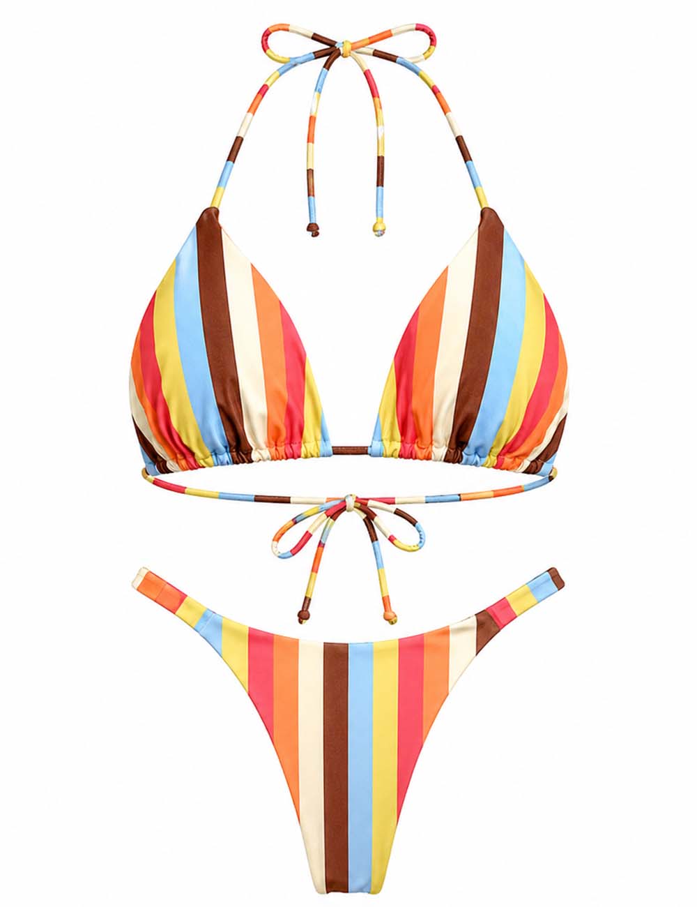 Ladies Neon Rainbow Striped Halter Triangle Bikini Set