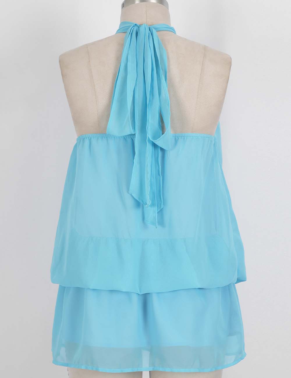 Ladies Chiffon Stand Neck Solid Color Ruffle Hem Sleeveless Top