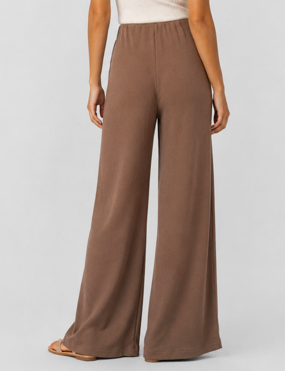 Ladies Solid Color Elastic Waist Wide Leg Pants