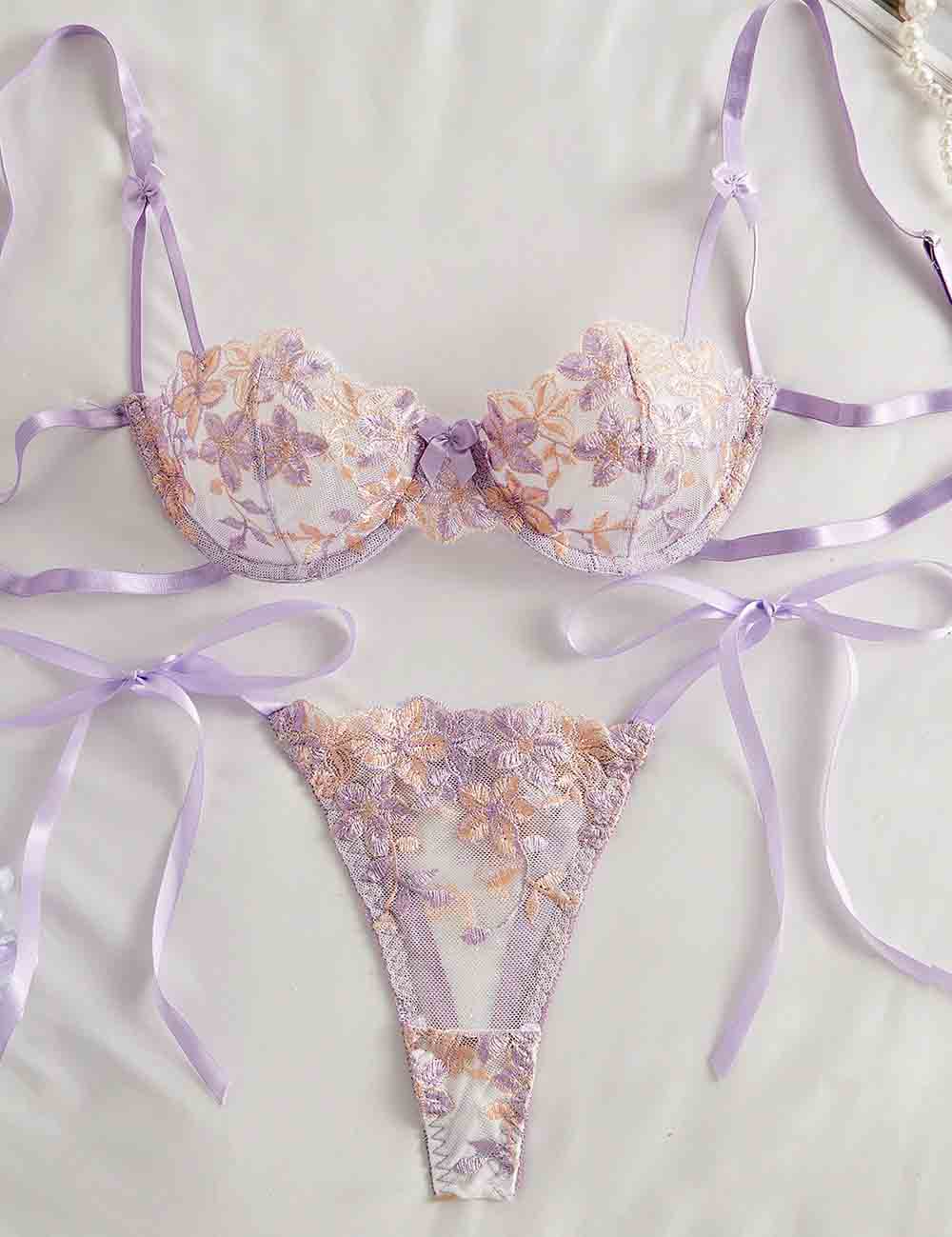 Ladies Floral Embroidery See Through 2PCS Lingerie Set 8XX0111