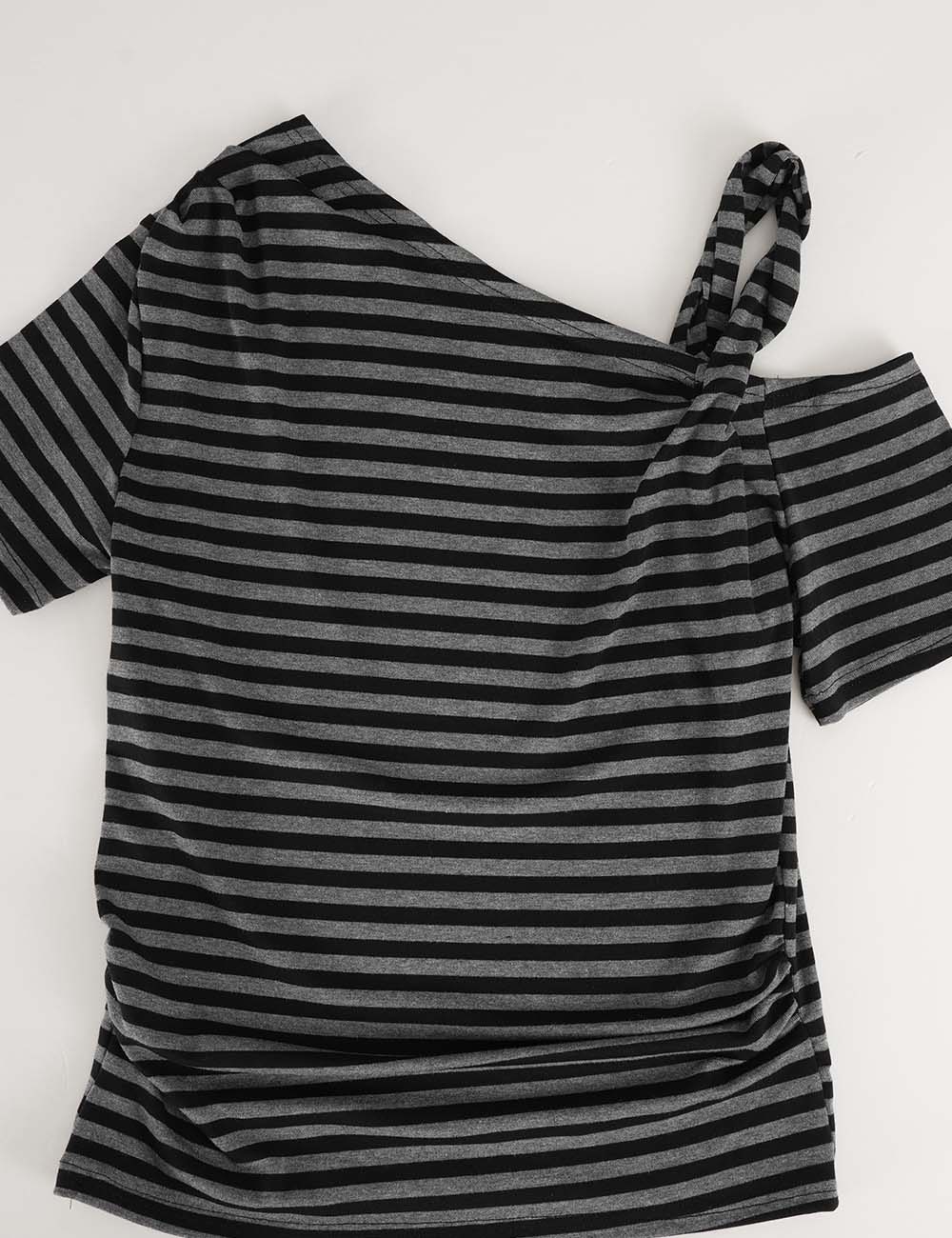 Ladies Striped One Shoulder Twist Strap T-Shirt