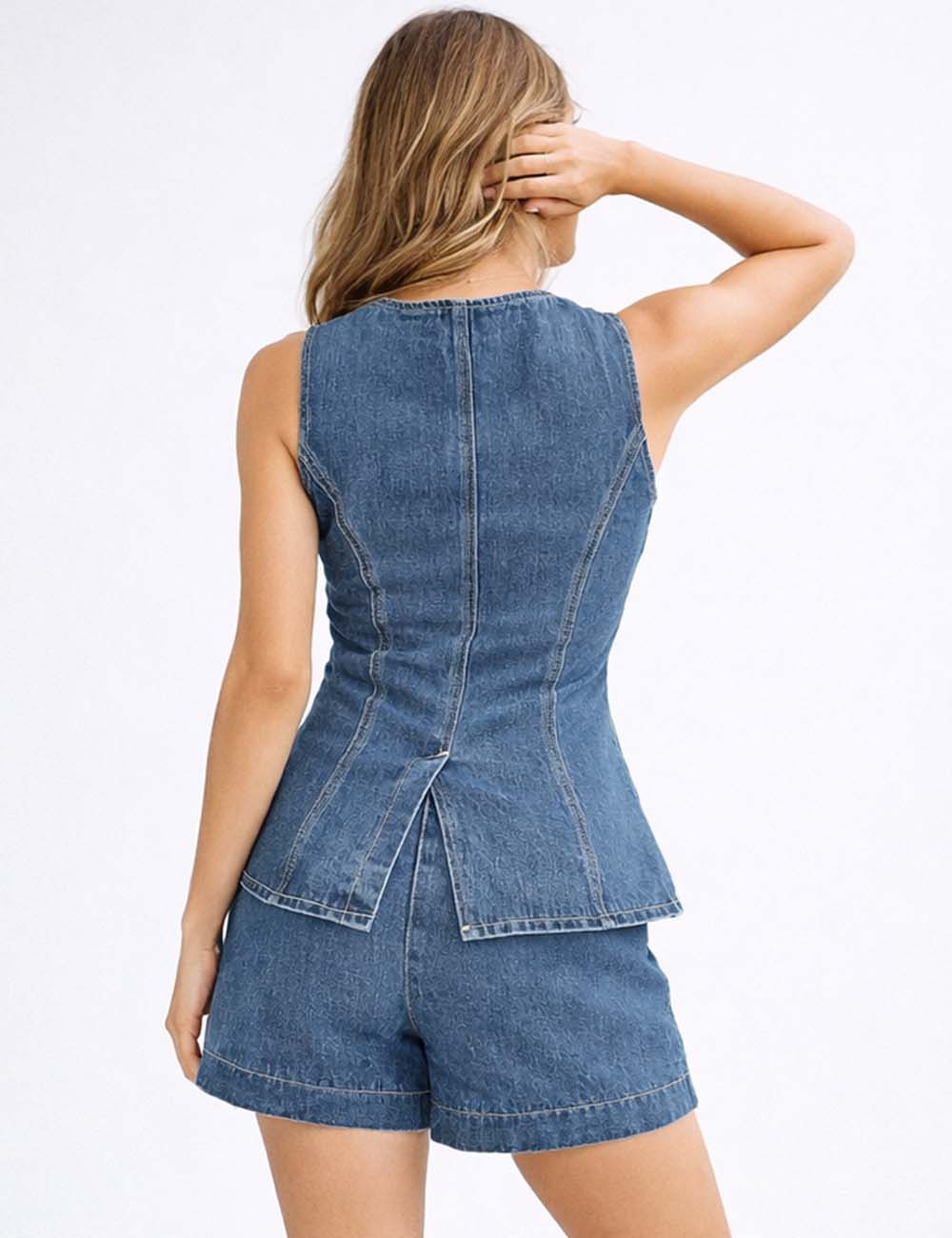 Ladies Sleeveless Button Front Denim Vest & Shorts Matching Set