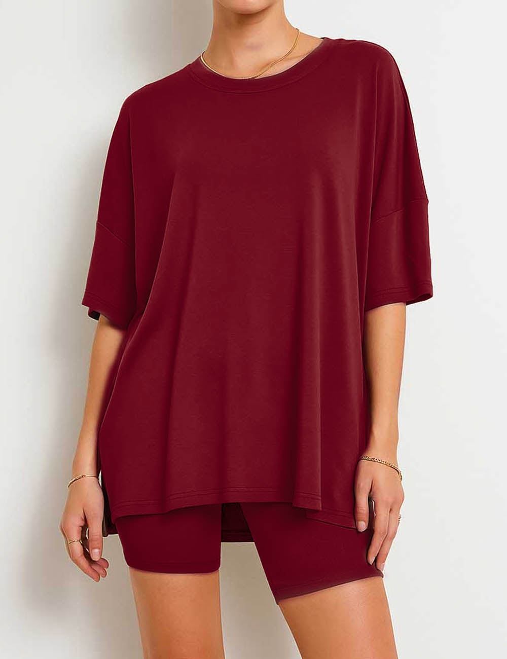 Ladies Solid Loungewear Outfits Loose Top & Slim Shorts Set