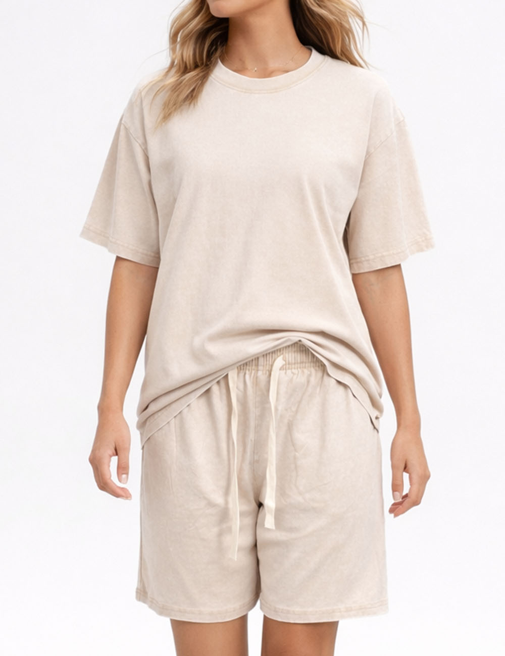 Ladies Washed Round Neck Short Sleeves T-shirt & Shorts Matching Set