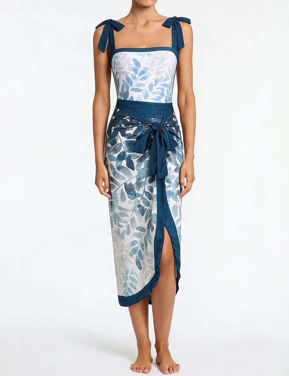 Ladies Leaf Print Tie Strap One-Piece Swimsuit with Wrap Sarong