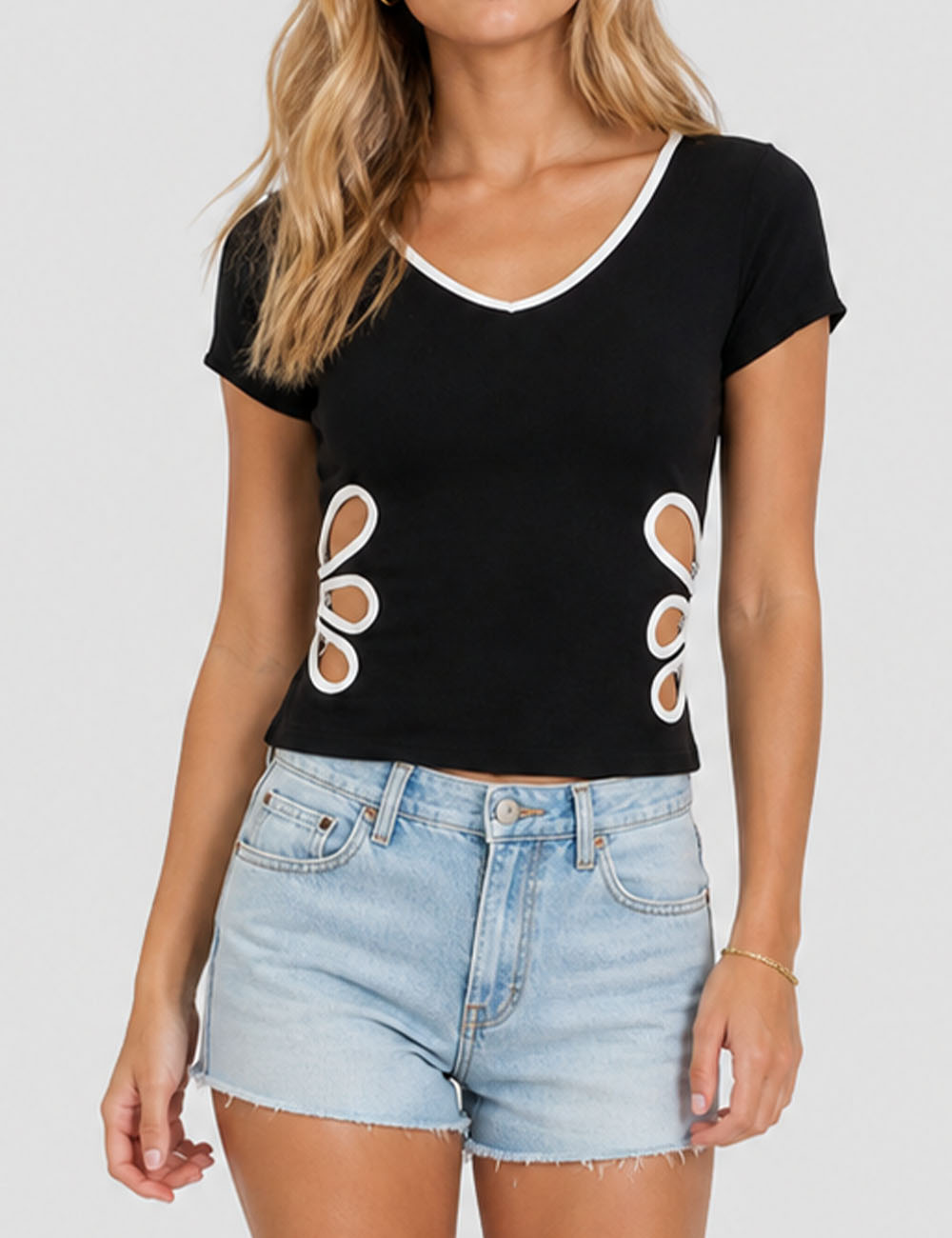 Ladies Color Block V-Neck Side Cutout Short Sleeves T-Shirt