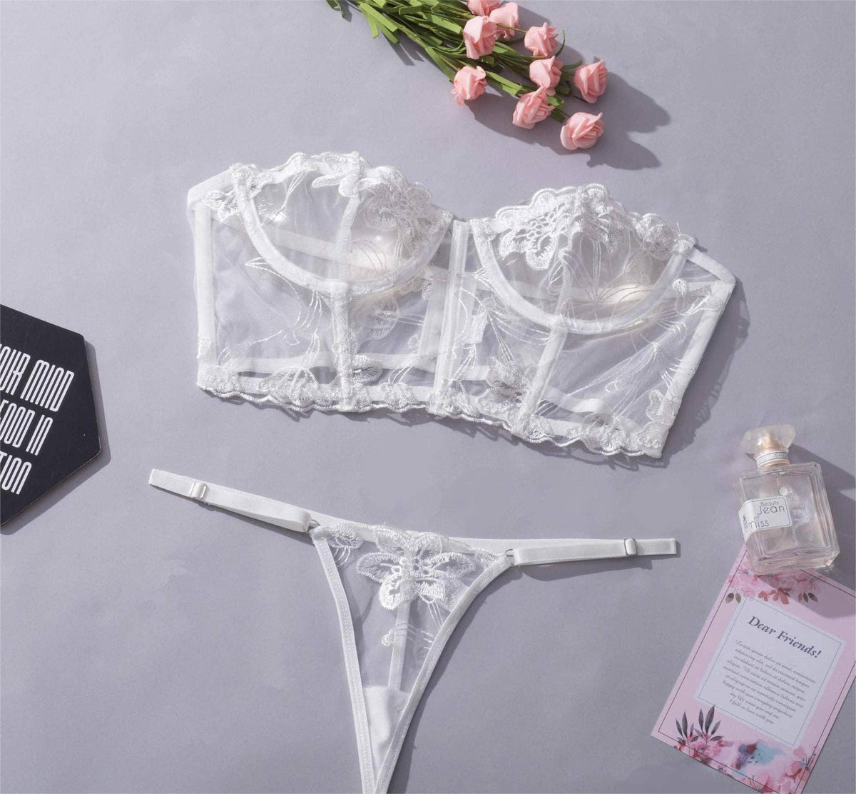 2PCS Embroider Lingerie Set Crop Top and Thong