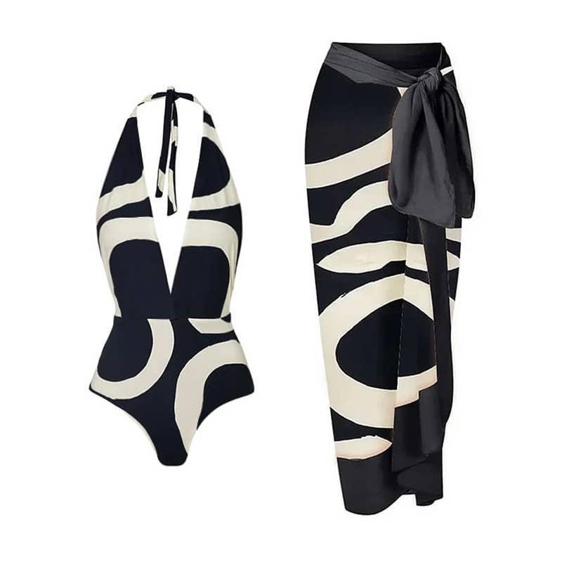 Ladies 2PCS Floral Halter One Piece Swimwea Set with Wrap