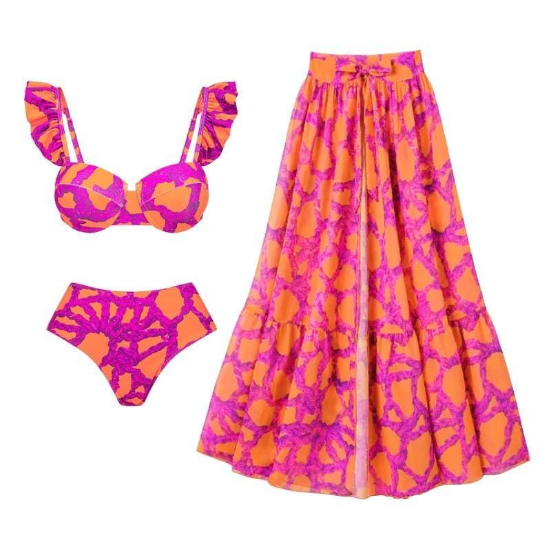 3-Piece Floral Print Bikini Swimsuits with Cover Up